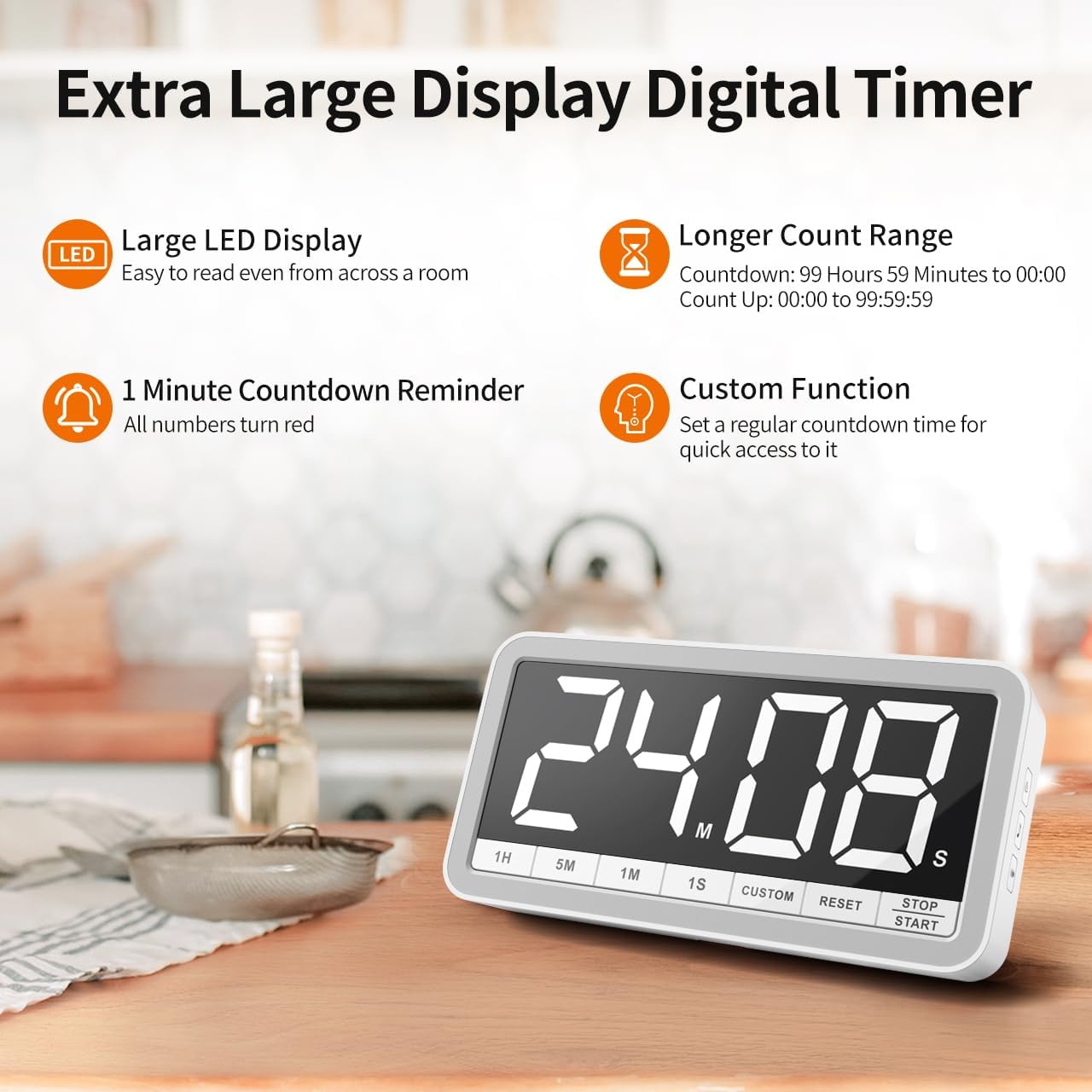 VOCOO Digital Kitchen Timer with 7.8” Extra Large Display, Magnetic LED, with 3 Brightness, 4 Alarms and 3 Volume Levels, Battery Powered Countdown Count Up Timer for Cooking, Classroom, Home Gym