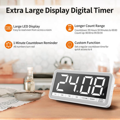 VOCOO Digital Kitchen Timer with 7.8” Extra Large Display, Magnetic LED, with 3 Brightness, 4 Alarms and 3 Volume Levels, Battery Powered Countdown Count Up Timer for Cooking, Classroom, Home Gym