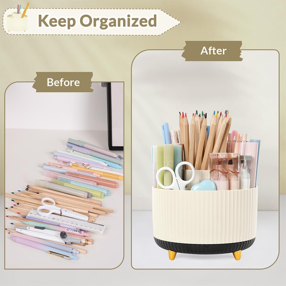 SKYDUE 360 Rotating Plastic Desk Pen Organizer with 5 Slots, Dual-Purpose Art Supply Pencil Cup for Office, School, Home