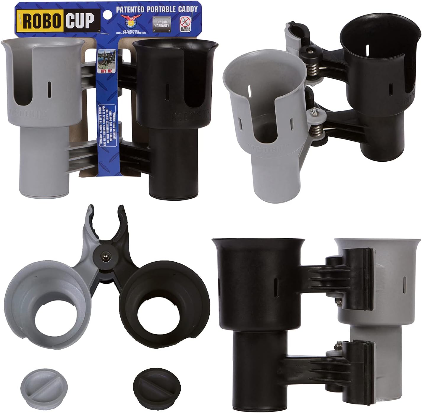 ROBOCUP, (White), Patented Clamp On Boat Cup Holder |Multifunction Dual Drink Caddy for Fishing Poles, Tools, Net, Gaff |Portable Storage for Boating, Beach, Umbrellas, Golf Carts, Strollers