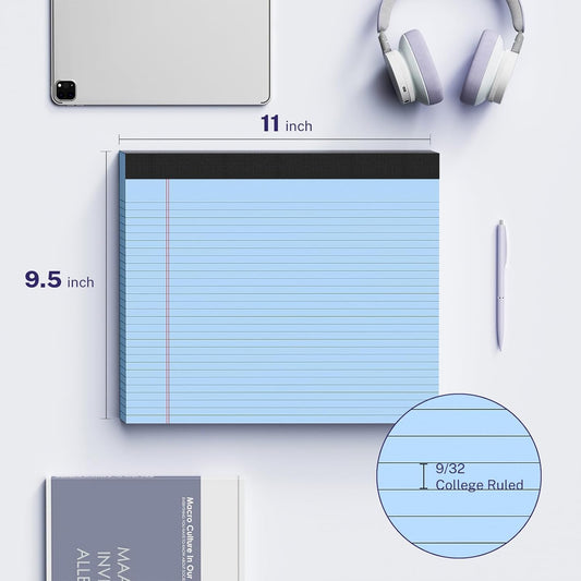 5 Pack Wide Legal Pads 11" x 9.5" Landscape Pink Purple Blue Green Yellow College Ruled Note Pad Narrow Ruled 30 Sheets per Notepad Perforated Writing Paper Thick Backboard Horizontal Pads of Paper