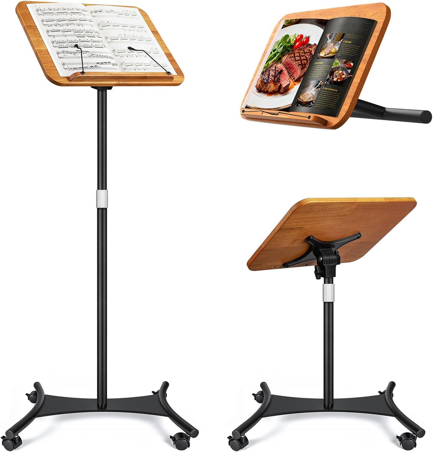 2 in 1 Dual-use Music Stand & Desktop Book Stand, Adjustable Height 16.5"-51", 100% Solid Wood Laptop Floor Stand Book Holder with Page Clips for Cookbooks, Sheet Music (Brown)