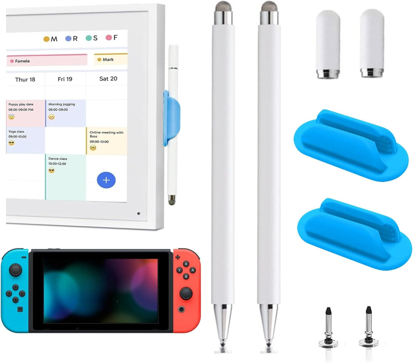 2Pcs Stylus and Mount for Skylight Calendars 15/27 Inch/Nintendo Switch 2/Switch Lite, 2in1 Dual Tip Pen for Skylight Calendar Accessories Magnetic Suction Pen Cap (2*Stylus+Holder White)