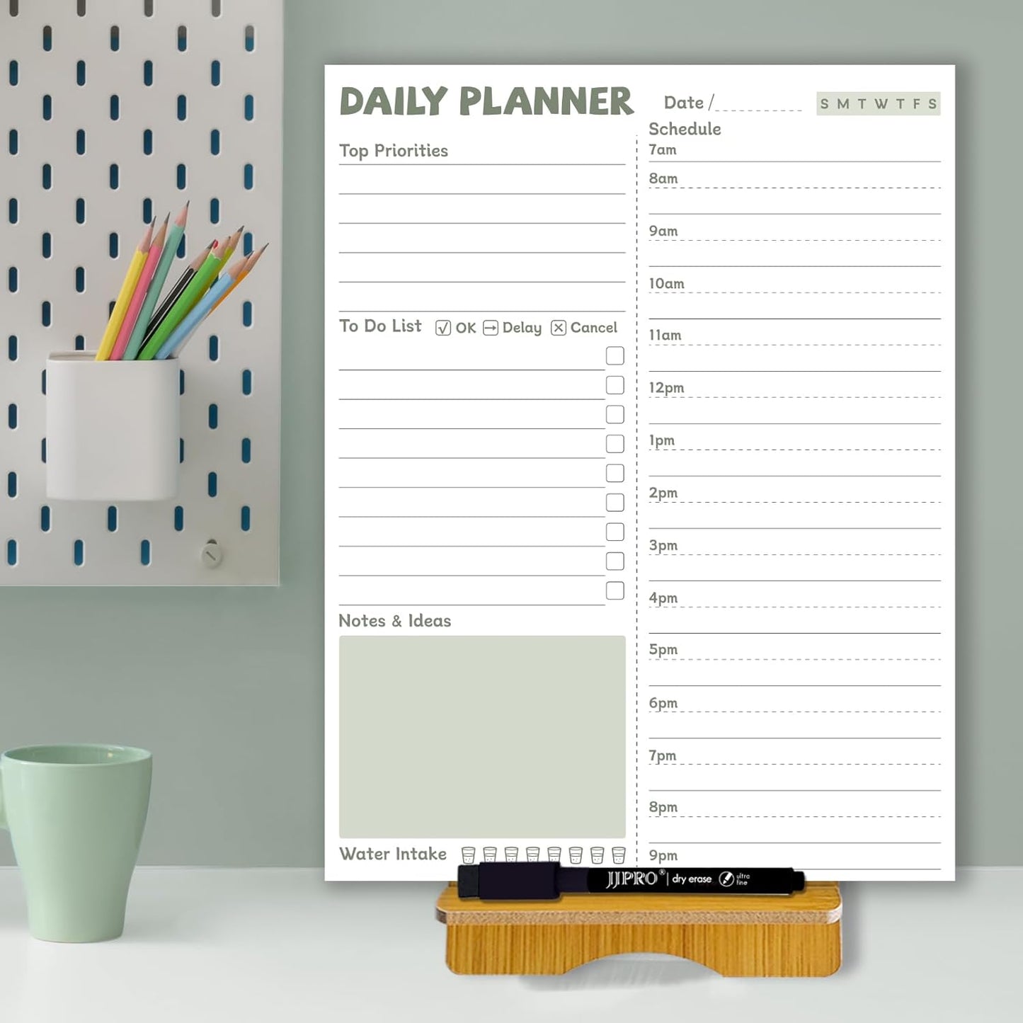 JJPRO Reusable Desktop Daily Planner with Stand,Reusable Time Schedule Board,11"x8.5" Hourly Schedule Dry Erase Board with Time Slots,Desk Hourly Dry Erase Board w/Engineered Wood Stand-Sage Green