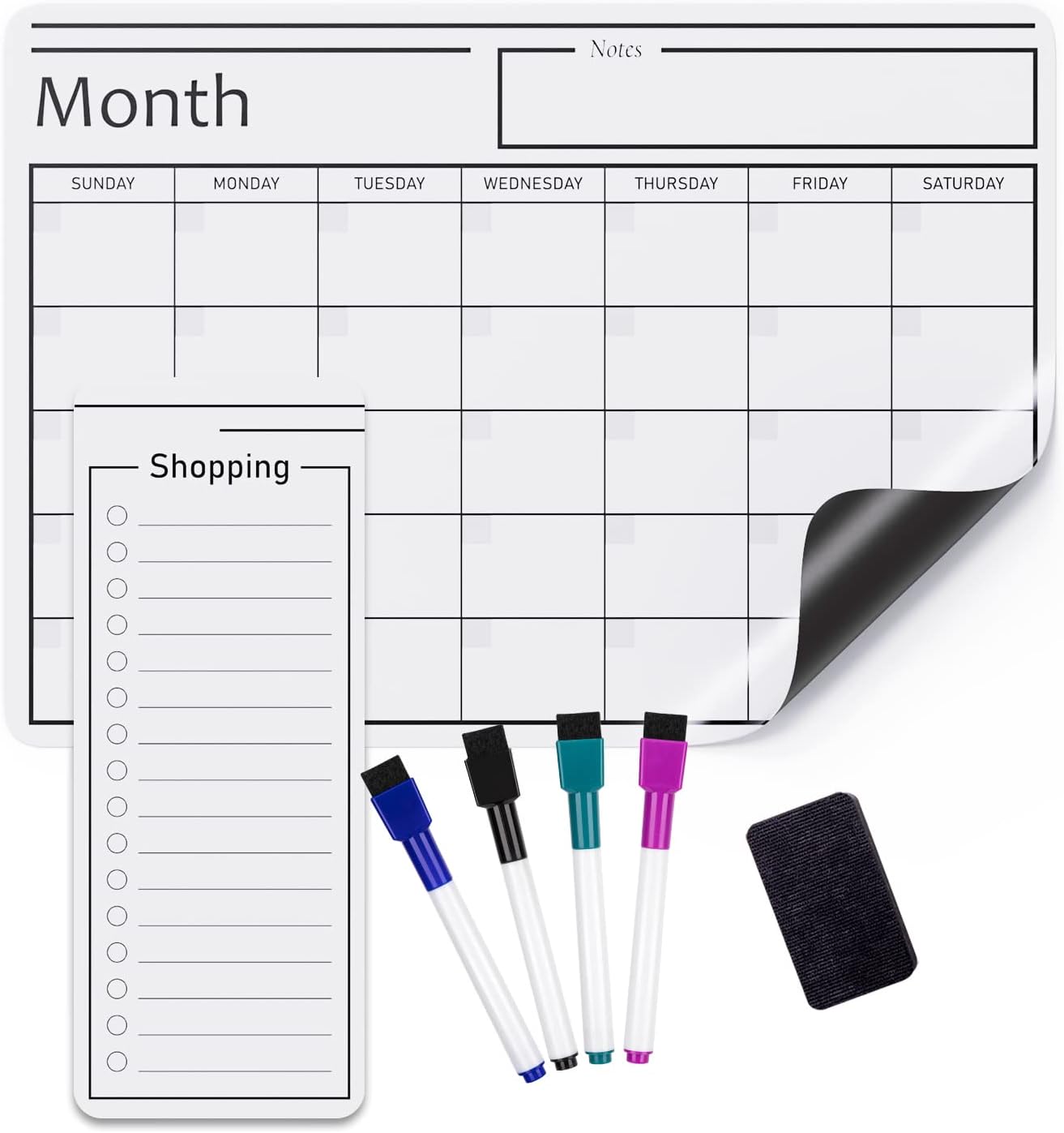 Amazon Basics Magnetic Dry Erase Calendar Whiteboard Set for Fridge, 3-Pack with 8 Markers and Eraser