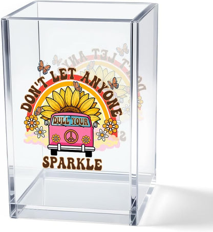 Never Let Anyone Dull Your Sparkle Acrylic Makeup Brush Organizer Holder, Girl Power Desk Acrylic Brushes Storage, Inspirational Quote Gifts for Women Friend Sister Make Up Artist Makeup Lover
