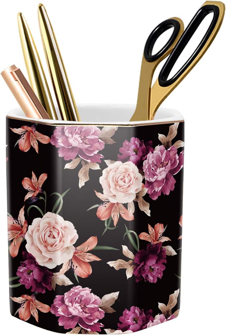 Pen Holder, Pencil Holder for Desk, Marble Desk Organizer Cute, Durable Ceramic Pencil Cup, Decorative Makeup Brush Holder Cup, Stationery Holder for Office, Home, Gray Marble