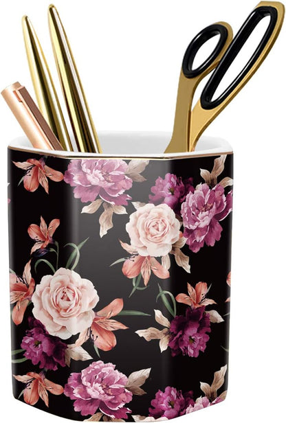 Pen Holder, Pencil Holder for Desk, Marble Desk Organizer Cute, Durable Ceramic Pencil Cup, Decorative Makeup Brush Holder Cup, Stationery Holder for Office, Home, Gray Marble