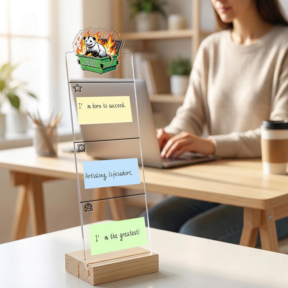 Monitor Memo Board Computer Monitor Memo Board Sticky Note Organizer Kidney Acrylic Desk Accessories Removable Wooden Base Set Sticky Notes 100 Sheets 11.8×3.1 inches