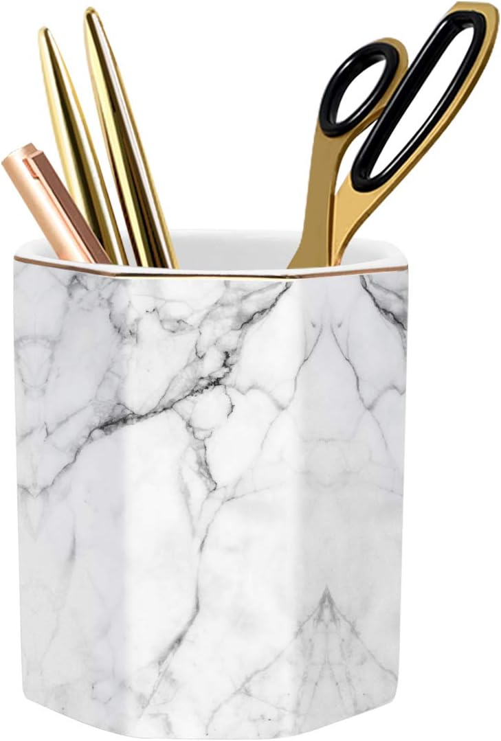 Pen Holder, Pencil Holder for Desk, Marble Desk Organizer Cute, Durable Ceramic Pencil Cup, Decorative Makeup Brush Holder Cup, Stationery Holder for Office, Home, Gray Marble