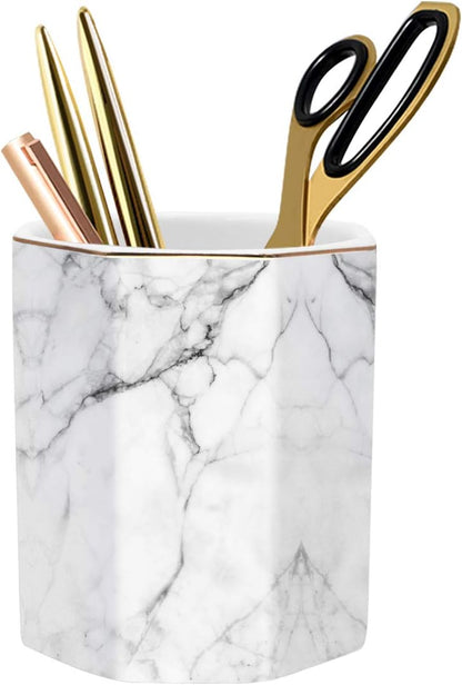 Pen Holder, Pencil Holder for Desk, Marble Desk Organizer Cute, Durable Ceramic Pencil Cup, Decorative Makeup Brush Holder Cup, Stationery Holder for Office, Home, Gray Marble