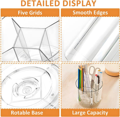 360 Degree Rotating Desk Organizer, Dual-Purpose Pencil Pen Holder, Rotating Desk Pen Organizer with 5 Compartments, Marker Caddy Pencil Cup for Office, Home, School (Clear)