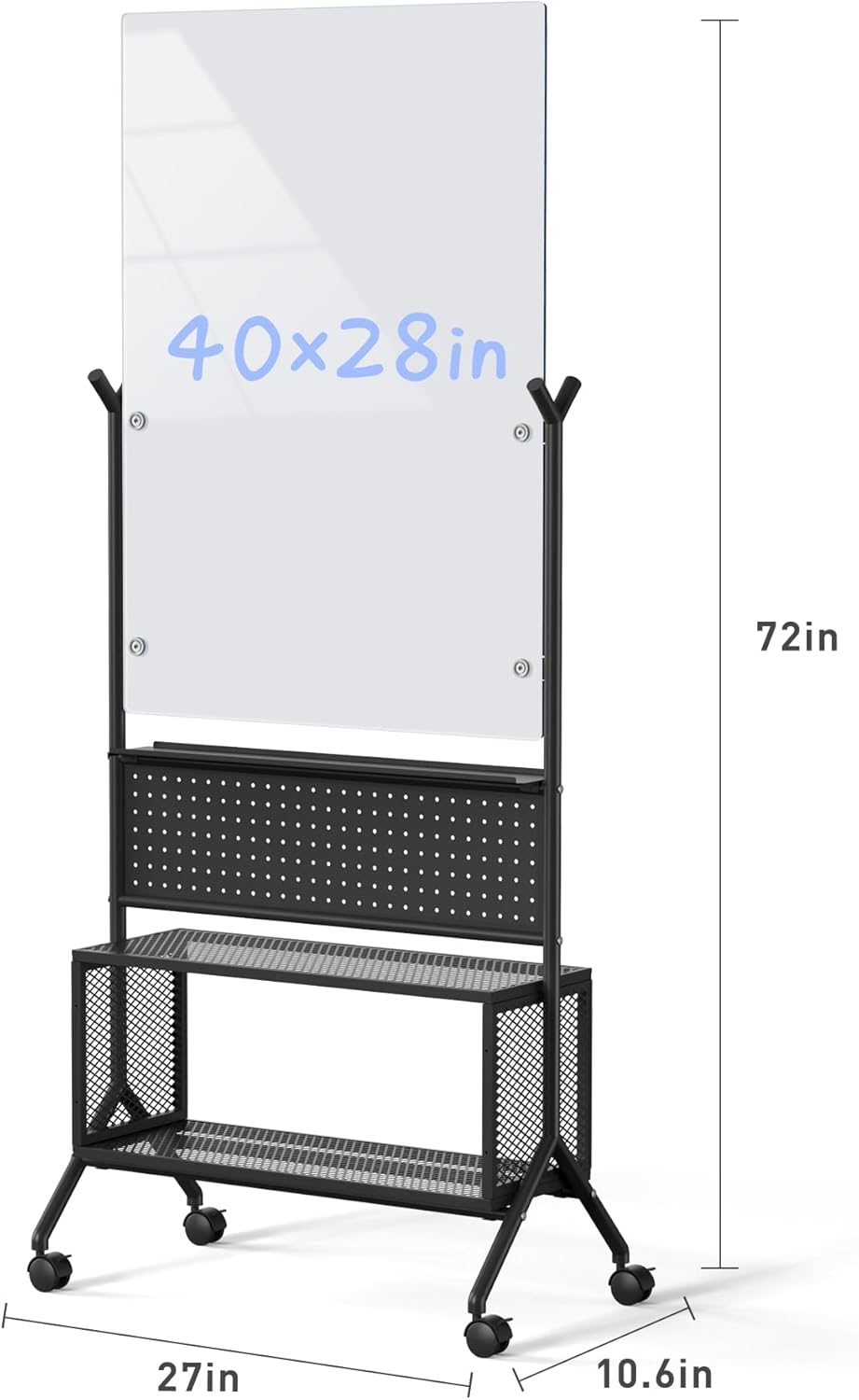 40 x 28 inch Mobile Magnetic Glass Whiteboard, Double-Sided Board with Felt Back and Storage for Office & Classroom, White
