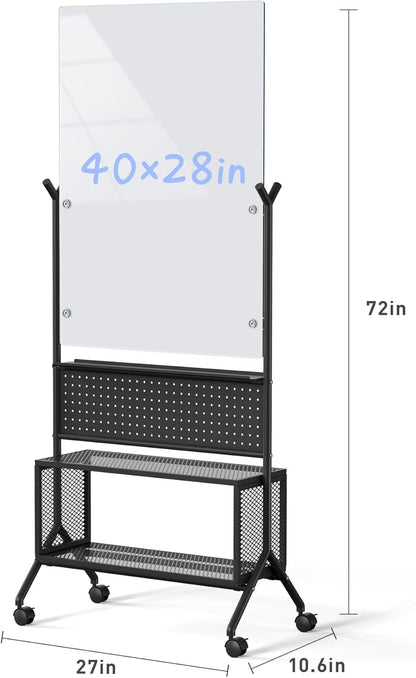 40 x 28 inch Mobile Magnetic Glass Whiteboard, Double-Sided Board with Felt Back and Storage for Office & Classroom, White