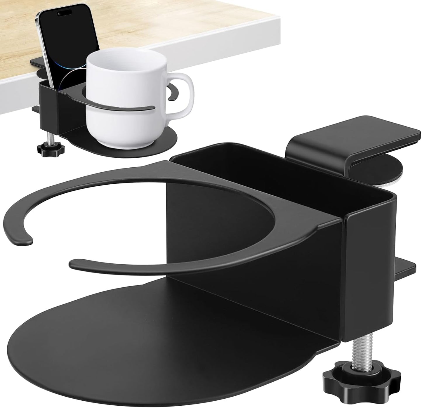 Desk Cup Holder for Coffee Mugs, Tumblers, Water Bottles with Mobile Phone Stand, Anti-Spill Metal School Home Office Accessories (White-1)
