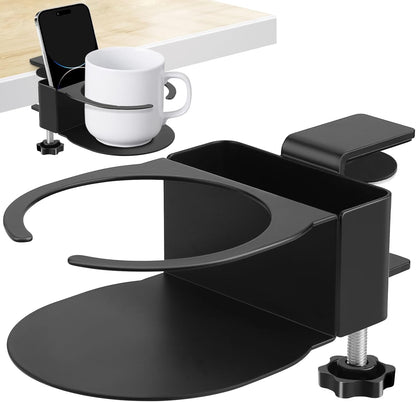 Desk Cup Holder for Coffee Mugs, Tumblers, Water Bottles with Mobile Phone Stand, Anti-Spill Metal School Home Office Accessories (White-1)