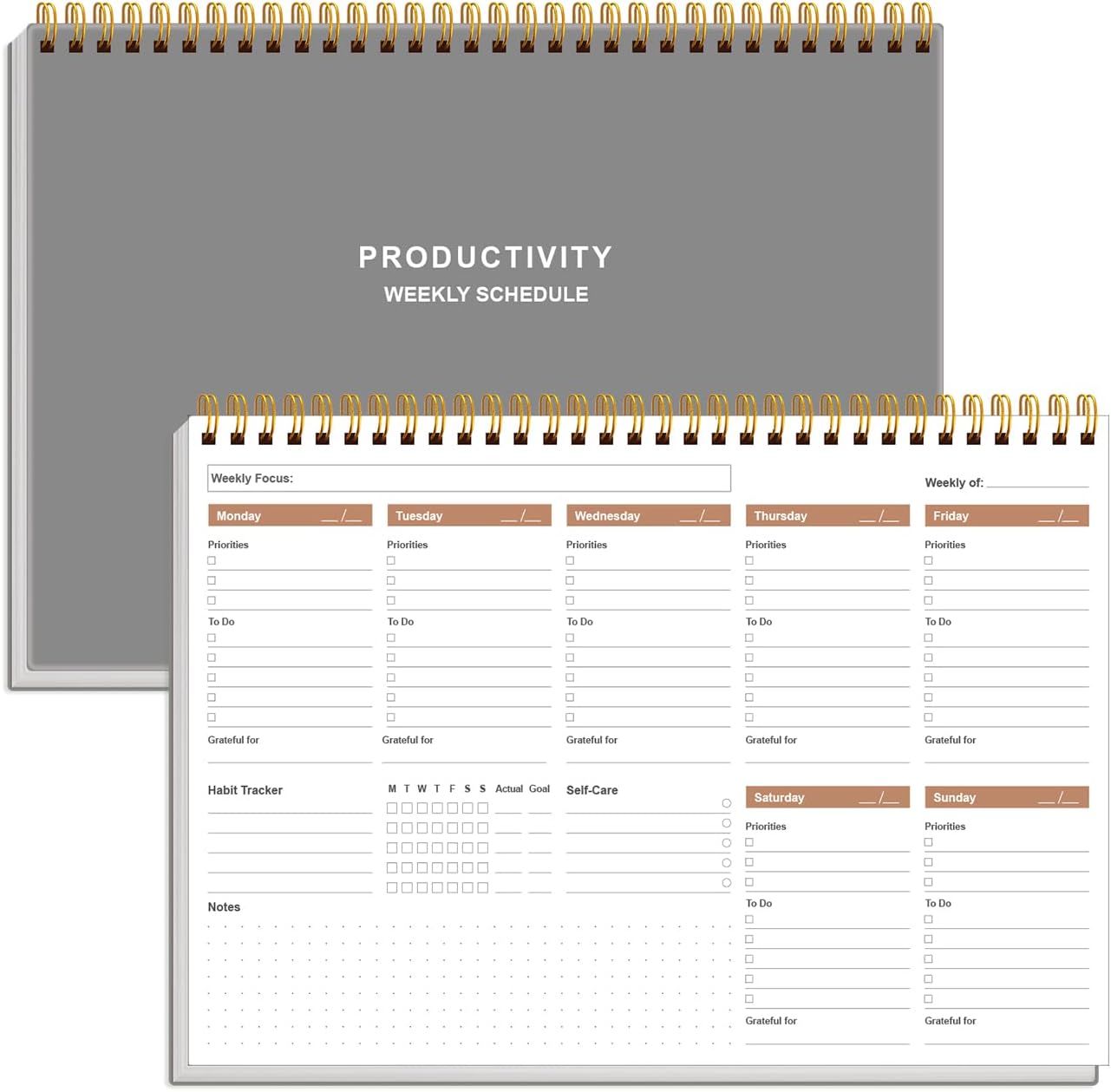 Weekly Productivity Planner - 8" x 11" Dashboard Desk Pad/Planner, Habit Tracker, Spiral Undated Weekly Planner for Office/School/Home, 54 Weeks, Black