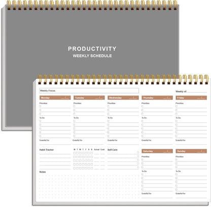Weekly Productivity Planner - 8" x 11" Dashboard Desk Pad/Planner, Habit Tracker, Spiral Undated Weekly Planner for Office/School/Home, 54 Weeks, Black