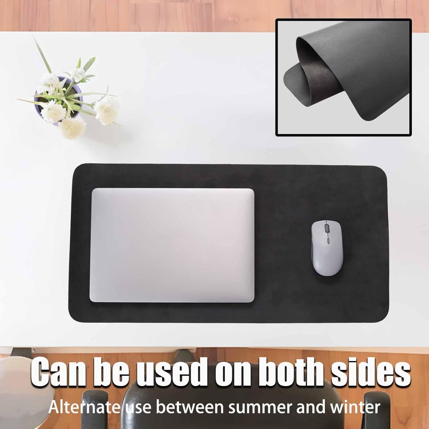 Double-Sided Keyboard Mouse Pad, 31.5"x15.7" PU Leather and Cork Desk Mat Large Overlocked-Edge Desk Pad with Matching Thread, Black
