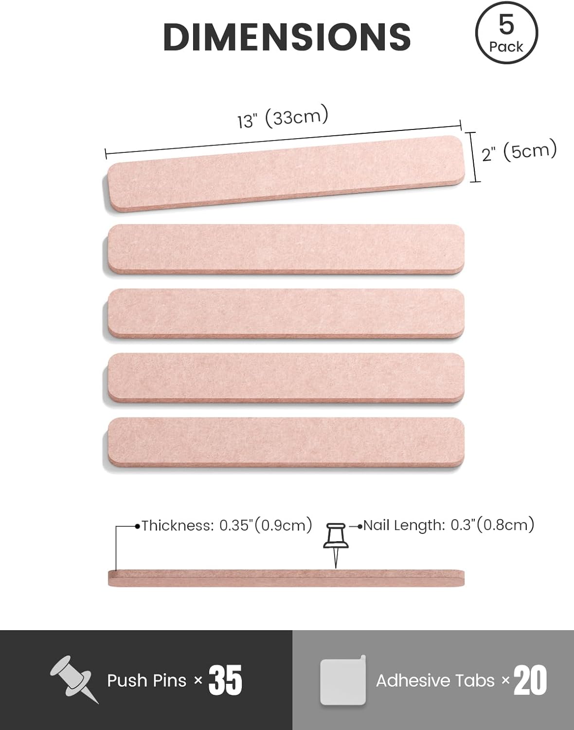 Fluxynara Cork Board Alternative Felt Strip Board 8-Pack 13"x2", Office Pin Board with 50 Push Pins, Adhesive Install for Bedroom Door & Home Office(Linen Dusk)