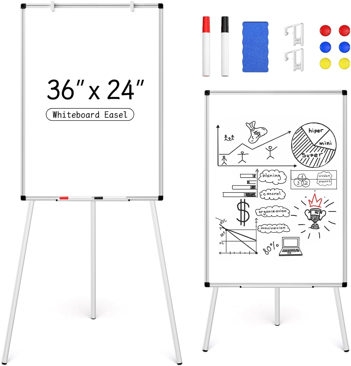 Magnetic Whiteboard Easel Stand, Dry Erase 36 x 24 White Board with Height Adjustable Tripod Stand, 3' x 2' Flipchart Easel Stand Presentation Board, 6 Magnets, 1 Eraser, 2 Pens