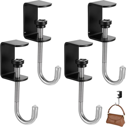 cobee Clamp-On Under Desk Hooks, Desk Mount Hanging Bag Holder Metal Hook Adjustable Headphones Clamp Organizer Portable Purse Hanger Clip Reduce Desk Clutter Table Desk Under Counter (4 Pcs, Black)