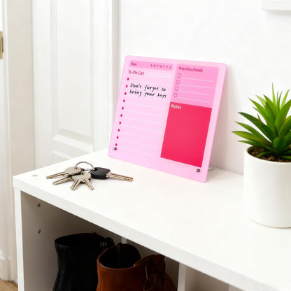 Pink Acrylic Dry Erase Board 12x10 inch, Thickened Desktop to Do List Planner Board with Stand and Markers, Frameless Tabletop Pink Dry Erase White Board Daily Task Organizer for Office Home School