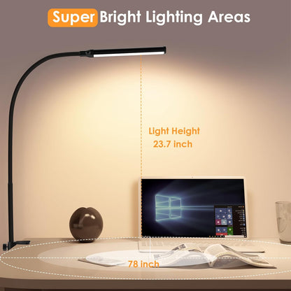ShineTech LED Desk Lamp with Clamp, Eye-Caring Clip on Desk Light with 3 Color Modes & Stepless Dimming, 360° Flexible Gooseneck Desk Lamp for Home Office College Dorm with USB Adapter
