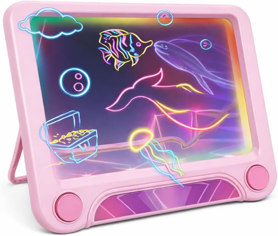 Magic LED Drawing Board for Kids, Light-Up Tracing Pad with 3 Double-Sided Cards & 4 Washable Markers, Glow Doodle Arts & Crafts Toy for Ages 3+