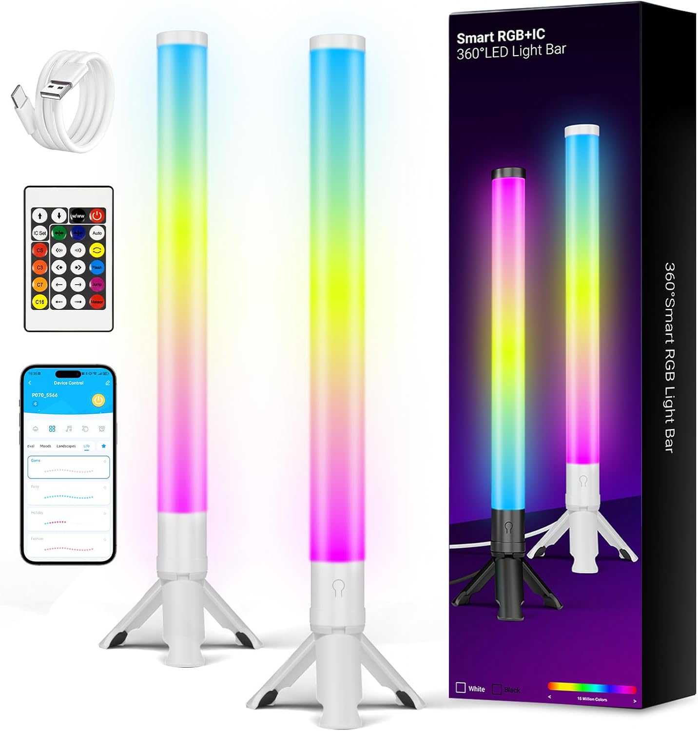 DAYBETTER 360° Smart LED Light Bars, RGB Light Bars with 16 Million Colors, Smart Gaming Lights with Music Sync and Scene Modes, 3 Modes Control, Mood Lighting, Gaming Light Bar for Room, TV, Monitor