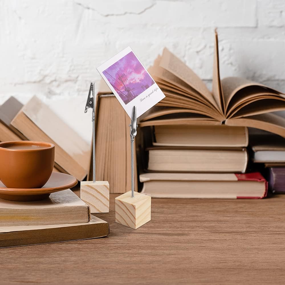 10 PCS Wooden Memo Clips Holder Table Numbers Place Card Holders Lightweight Wood Cube Base, Memo Photo Picture Paper Note Clip with Alligator Clip Clasp for Displaying Number Cards