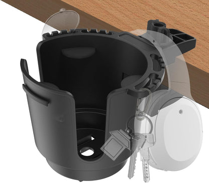 Desk Cup Holder with Spill-Proof Cup Design, Clip on Cup Holders for Desk, Table, Porch Swing, Patio Chair , Fits Maximum Diameter of 3/3.38 inches Bottles. (Black, Large)