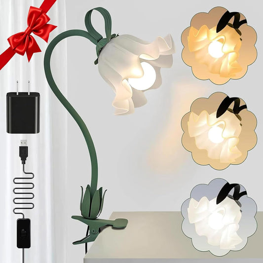 Clip On Light and Flower Desk Lamp, Flexible Gooseneck Reading Book Light with 3 Color Modes Cute Table Lamp Decor, Clip on Bedside Lamp for Bed Headboard,Table, Nursery,Dorm (Green-02)