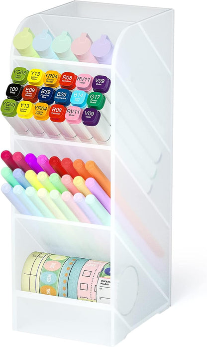 Asten Pen Holder, Pencil Holder for Desk, Pen Organizer for Office, School, Desktop, Large Capacity Pen Storage Organizer with 5 Compartment for Pens, Markers, Makeup Brush, Cosmetics (Clear, 3 Pack)