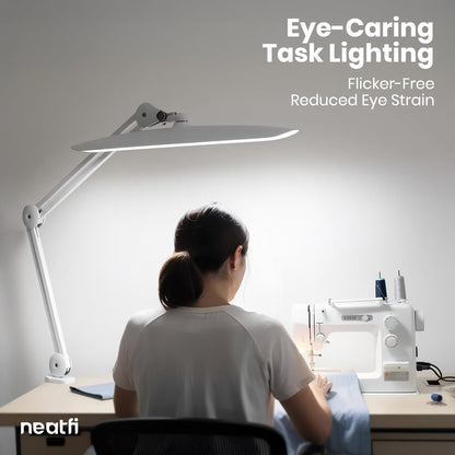 Neatfi XL 2200 Lumens 24W LED Desk Lamp – Shadow-Free Task Lighting | 4-Level Dimming | Home Office & Crafts Use | 20-Inch Wide Head (White, Non-CCT with Clamp)