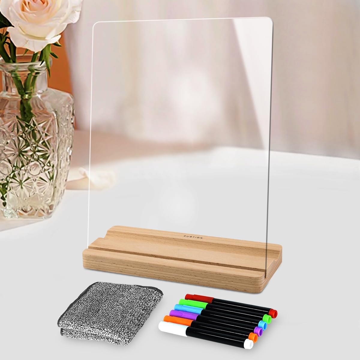 Clear Acrylic Dry Erase Board with Wood Stand – 9x12 Desktop Whiteboard for Writing, Drawing & Planning – Includes 6 Liquid Chalk Markers – Transparent Message Board for Home, Office, School