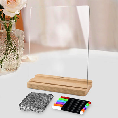 Clear Acrylic Dry Erase Board with Wood Stand – 9x12 Desktop Whiteboard for Writing, Drawing & Planning – Includes 6 Liquid Chalk Markers – Transparent Message Board for Home, Office, School