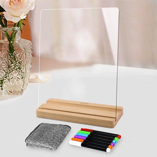 Clear Acrylic Dry Erase Board with Wood Stand – 9x12 Desktop Whiteboard for Writing, Drawing & Planning – Includes 6 Liquid Chalk Markers – Transparent Message Board for Home, Office, School