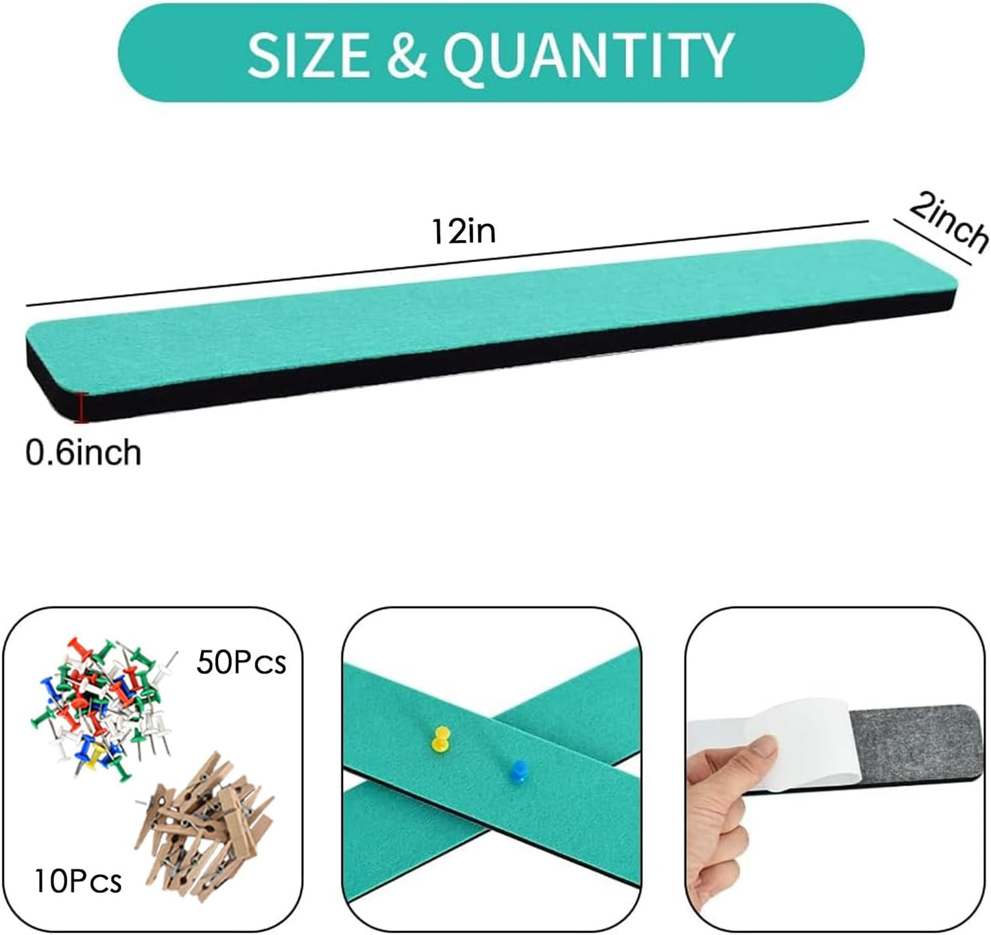 Vuzvuv 8 pcs Bulletin Board Bar Strips with 50 Pushpins & 10 Wooden Clip pins，Self Adhesive Cork Board for Wall，Felt Pin Board for School，Office Decor（Black White Grey）