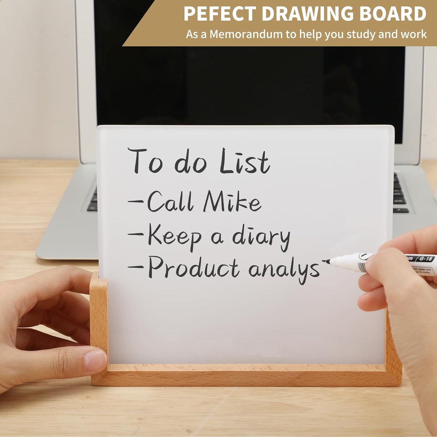 Desktop Glass Whiteboard with Wood Base, Small Whiteboard Glass Dry Erase Board Mini Whiteboard Portable Desk Whiteboard for Home, Office, 6.9x5.86 inch. Accessories Included