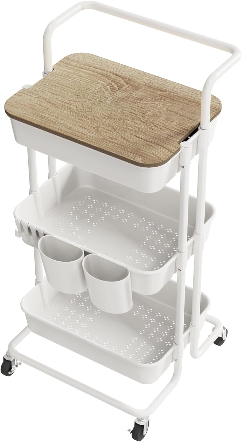 DTK 3 Tier Metal Utility Rolling Cart with Table Top and Side Bags, Tray Storage Organizer Wheels, Art Craft 4 Hooks for Kitchen Bathroom Office Living Room (Black)