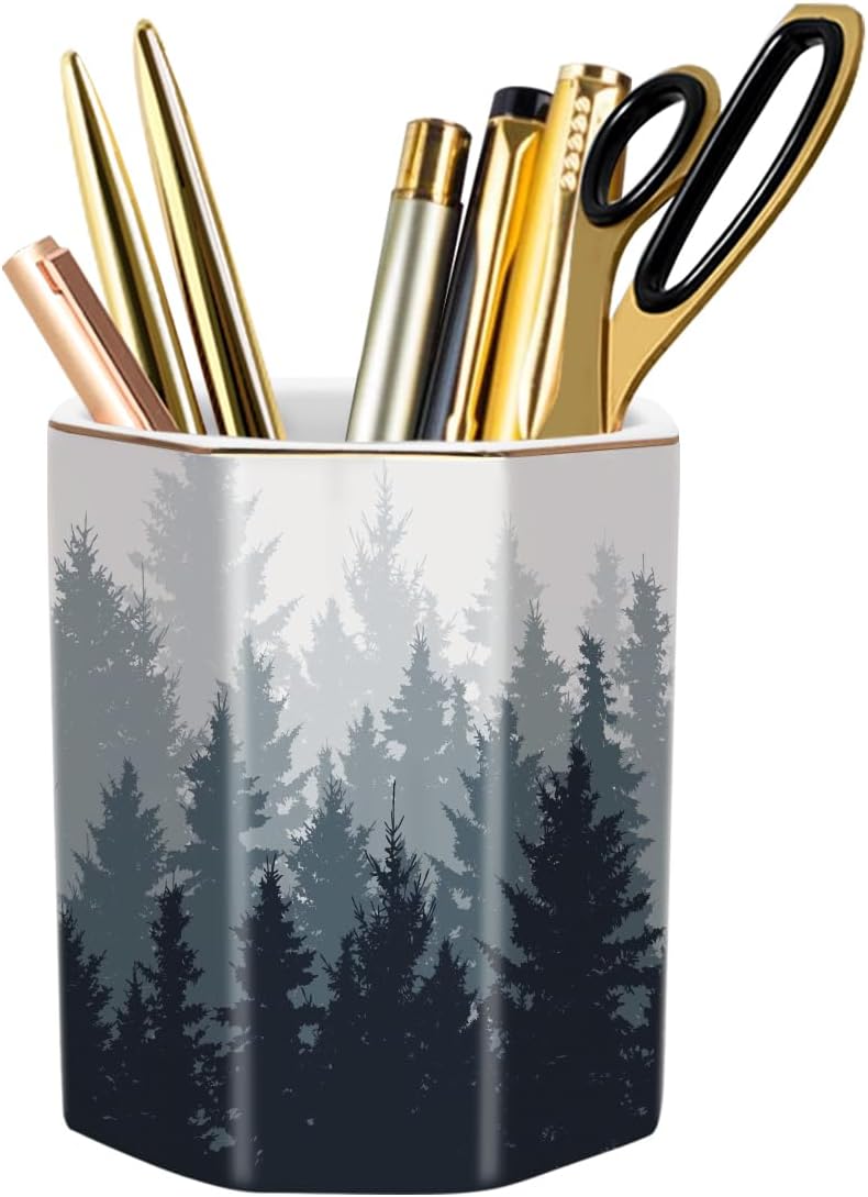 Pen Holder, Pencil Holder for Desk, Marble Desk Organizer Cute, Durable Ceramic Pencil Cup, Decorative Makeup Brush Holder Cup, Stationery Holder for Office, Home, Gray Marble