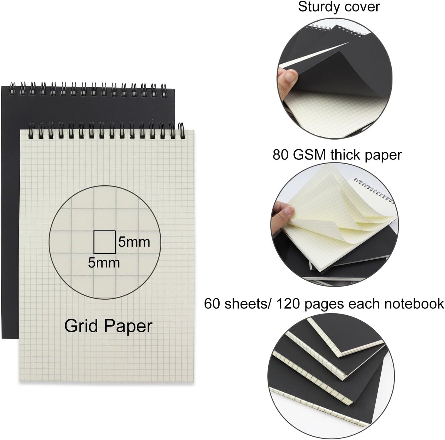4 Pack Graph Paper Notebook, A5 Top Wirebound Grid Spiral Notebook 5.8" x 8.3",60 Sheets,5mm x 5mm Grid Paper,Grid Notepad for Students, Math, Engineering (4 Colors)