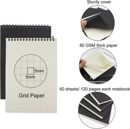 4 Pack Graph Paper Notebook, A5 Top Wirebound Grid Spiral Notebook 5.8" x 8.3",60 Sheets,5mm x 5mm Grid Paper,Grid Notepad for Students, Math, Engineering (4 Colors)
