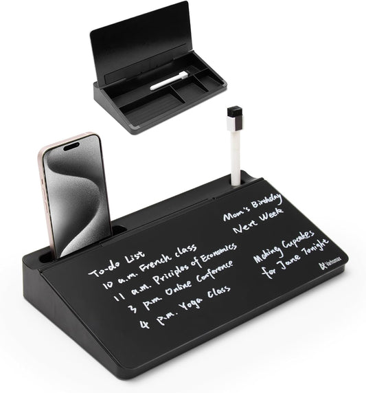 Varhomax Glass Desk Buddy Whiteboard with Storage, Small Dry Erase Desktop White Board Caddy to-do List Memo Notepad for Office, School and Home Office Supplies (Black)