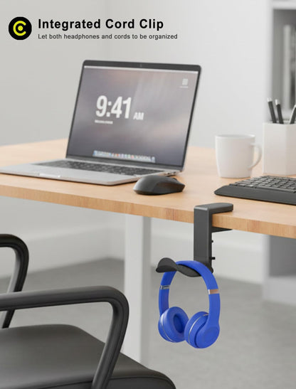 Headphone Holder Hanger Upgraded with Rotating & Adjustable Clamp for Controller & Headphones, Headset Stand Under Desk Hook Mount Built in Cable Clip