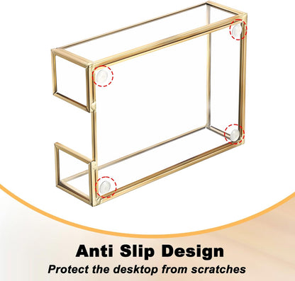 BTSKY Golden Glass Sticky Note Holder for 3x3 Inch Sticky Notes, Elegant Post It Note Dispenser with Non-Slip Pads Clear Notepad Holder for Desk Organization Planning, Home Office Decor