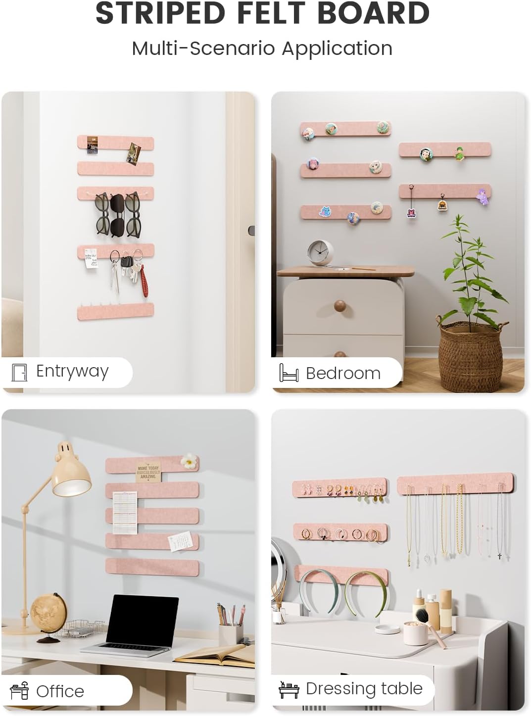 Fluxynara Cork Board Alternative Felt Strip Board 8-Pack 13"x2", Office Pin Board with 50 Push Pins, Adhesive Install for Bedroom Door & Home Office(Linen Dusk)