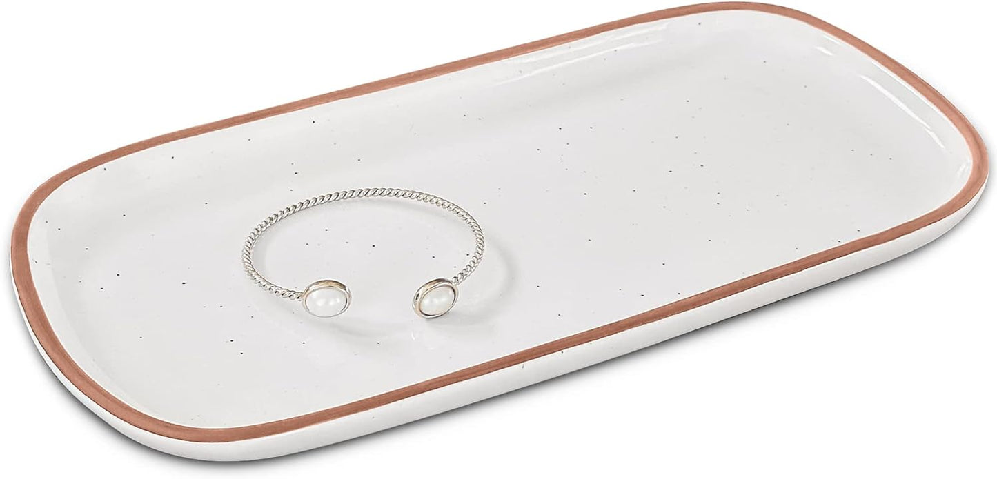 Mora Small Ceramic Decorative Tray – Rectangle 6.4 Inch Dish for Jewelry, Perfume, Makeup, Accessories, Candle, in the Bathroom Vanity, Bedside, or Kitchen Counter – Cute Organizer – White