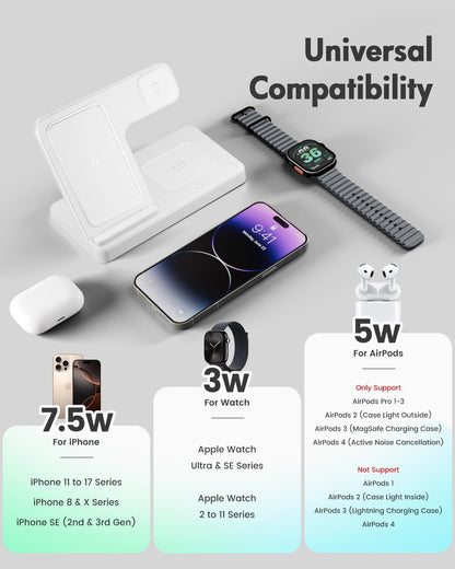Wireless Charger iPhone Charging Station: 3 in 1 Charger Stand Multiple Devices for Apple - iPhone 17 16e 16 15 14 Pro Max 13 12 11 - Watch 11 10 9 8 7 6 5 4 3 2 SE and Ultra Series - Airpods 4 3 Pro